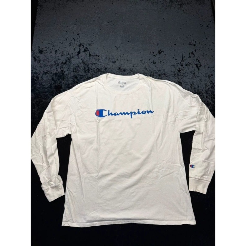 Champion Mens XL White Long Sleeve Script Logo Tee GT78H 100% Cotton